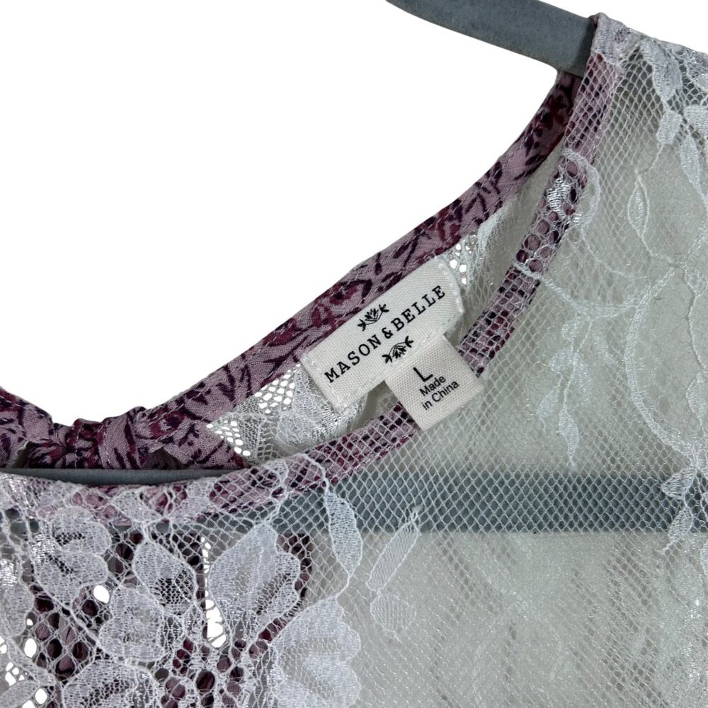Mason & Belle Womens Floral Lace Yoke Layered Ruffle Top Burgundy & Cream Size L - Picture 2 of 8